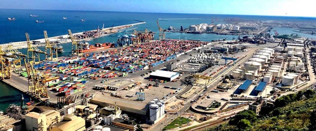 Overhead view of a massive port and facilities where freight consolidation services take place