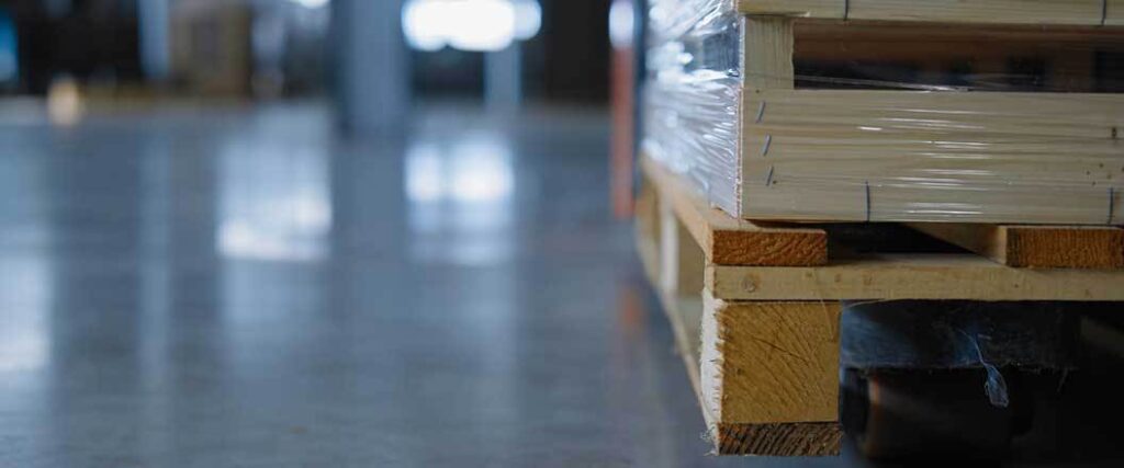 Close up shot of a corner of a wrapped pallet prepared for cross docking