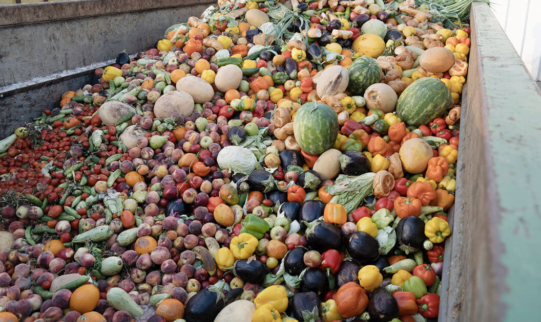 Close up of a large bin filled with a variety of fruits and vegetables