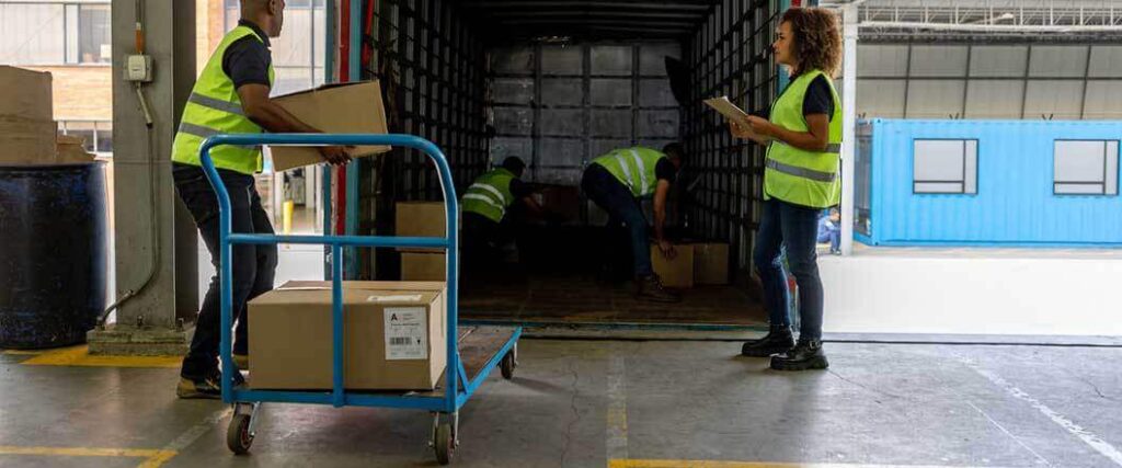 Four warehouse workers in high-visibility vests loading=
